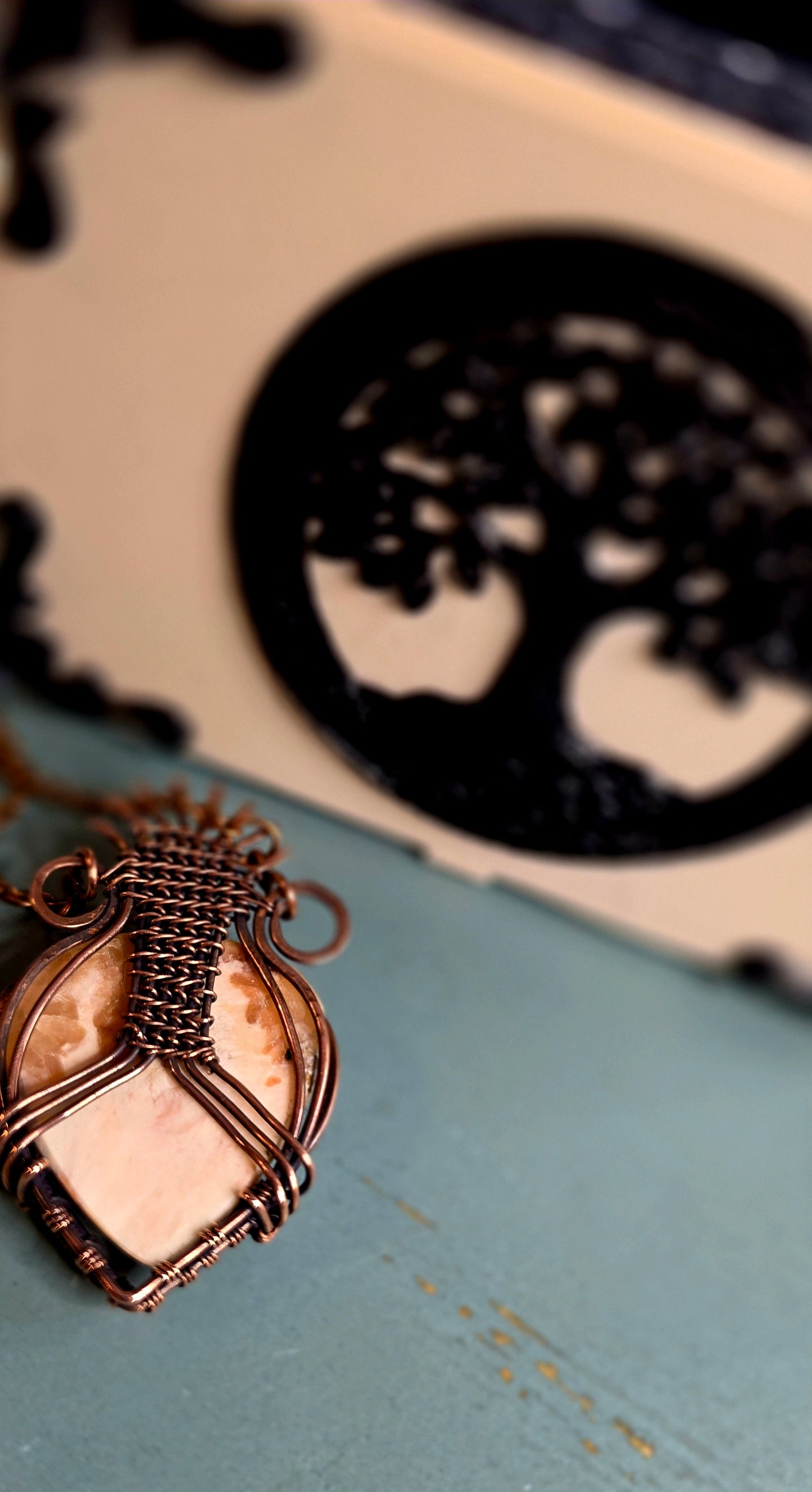 Pink Scolecite Guitar Pick Holder Pendant – Handcrafted Copper Jewelry