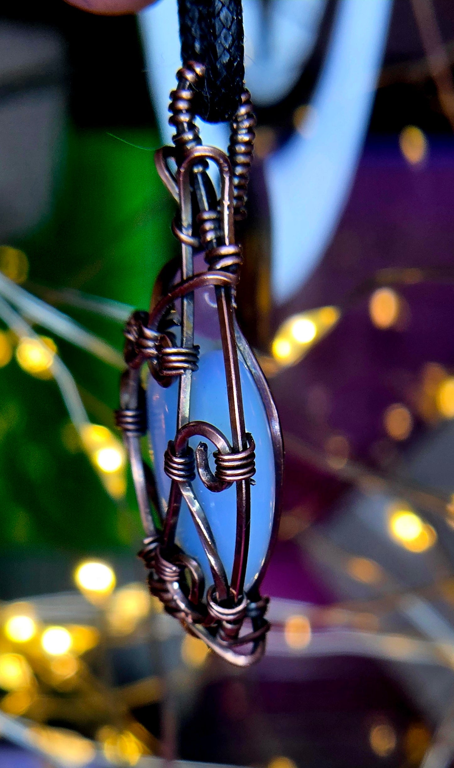 Luminous Opalite Heart Pendant – Hand-Wrapped Copper Jewelry