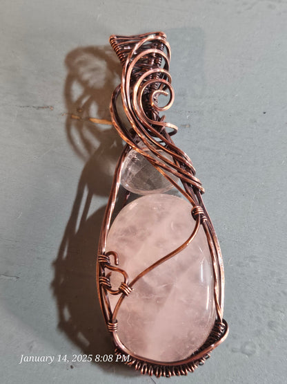 Rose Quartz & Copper Weave Pendant – Pink Artisan Jewelry