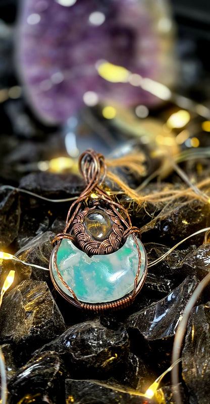 Moon Plume – Green Plume Agate & Clear Quartz Copper Pendant