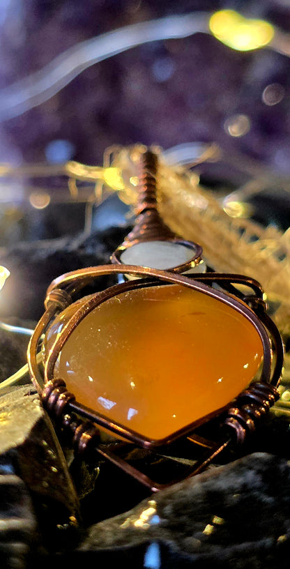 Be Still My Heart – Carnelian & Rainbow Moonstone Copper Pendant