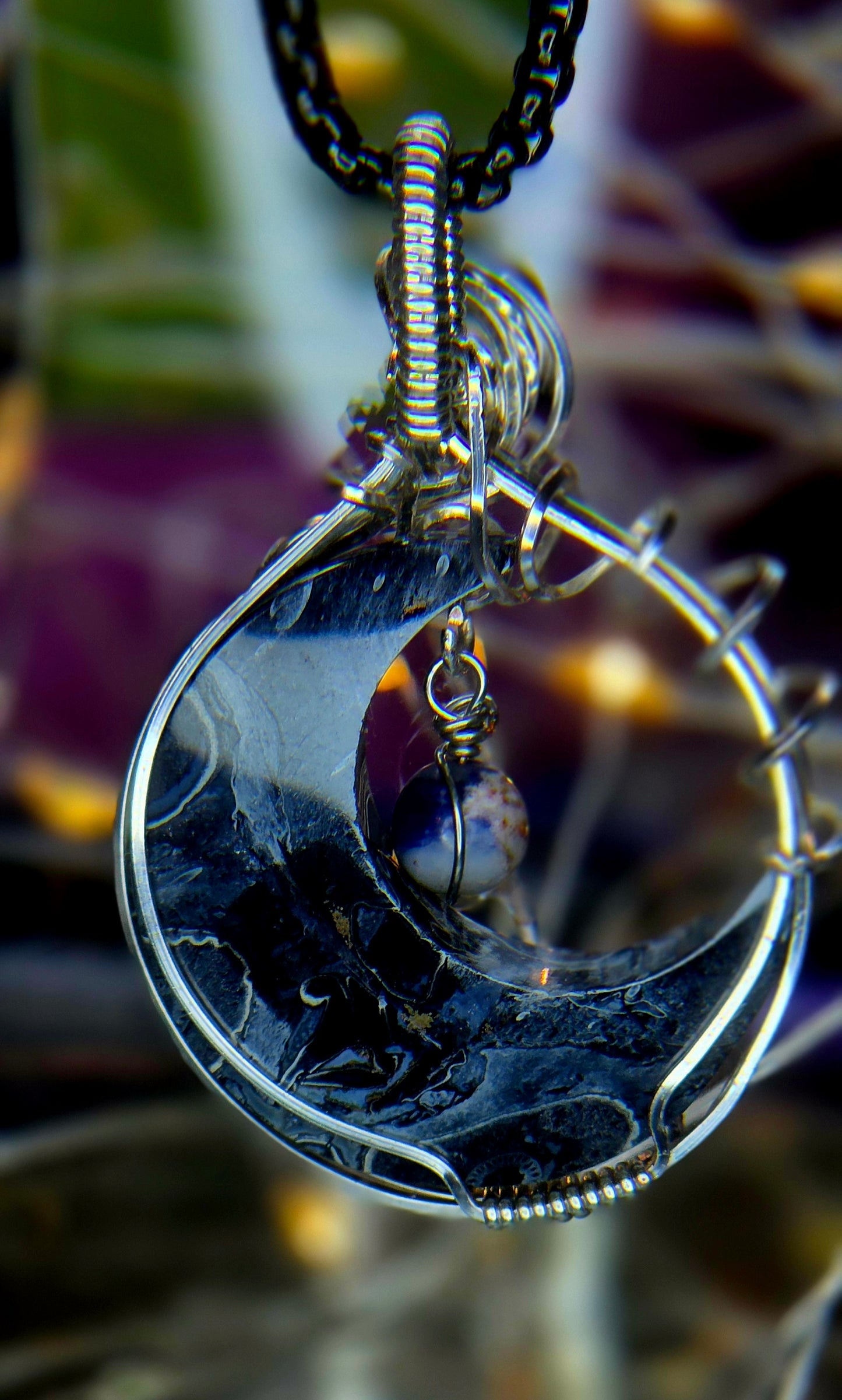 Moon And Earth – Fossilized Palm Root & Sodalite Silver Plated Copper Pendant