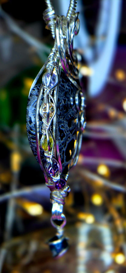 Ancient Wisdom Shield – Palm Root Fossil & Mystic Purple Agate Pendant