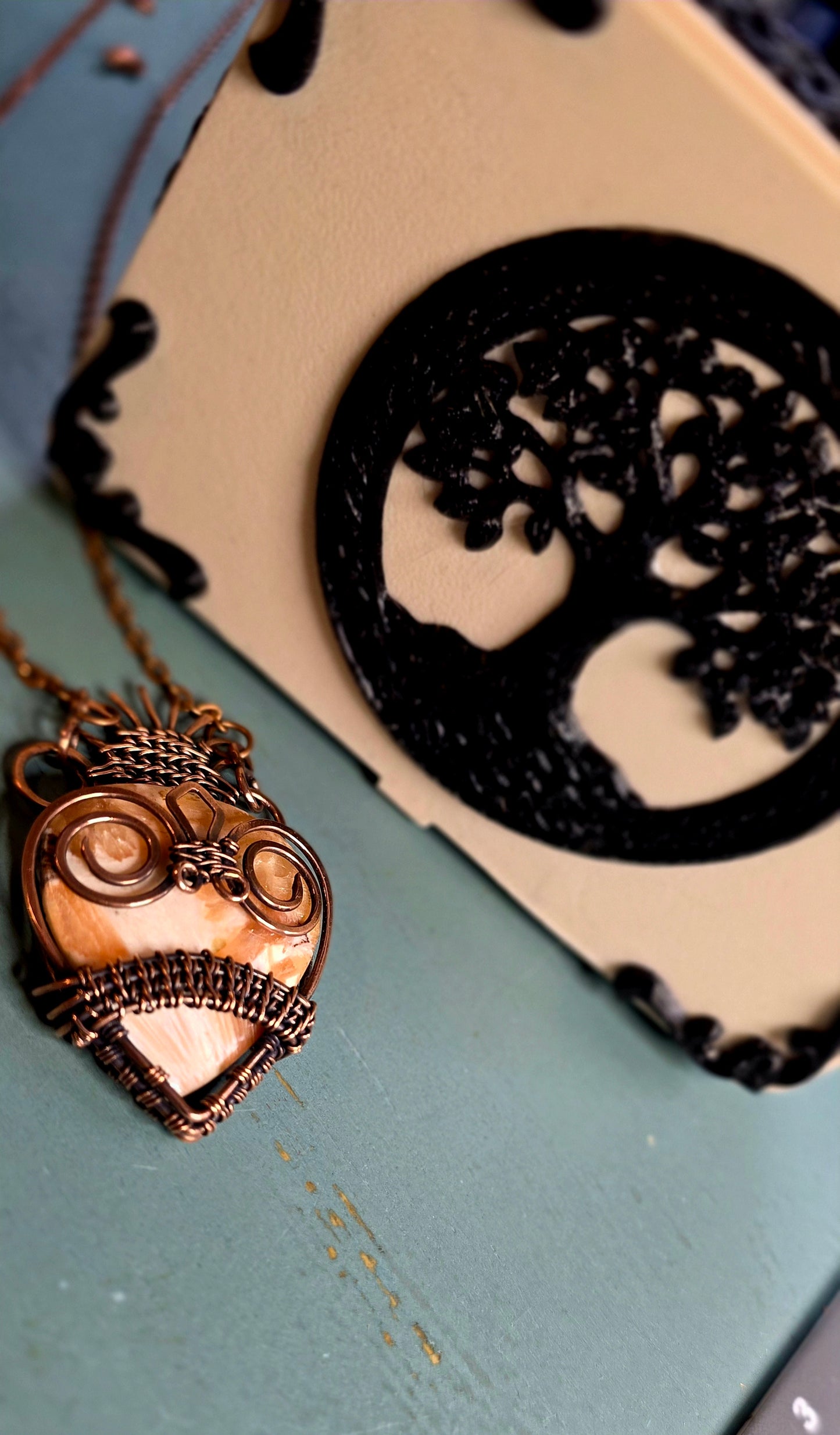 Pink Scolecite Guitar Pick Holder Pendant – Handcrafted Copper Jewelry