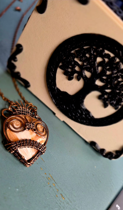 Pink Scolecite Guitar Pick Holder Pendant – Handcrafted Copper Jewelry