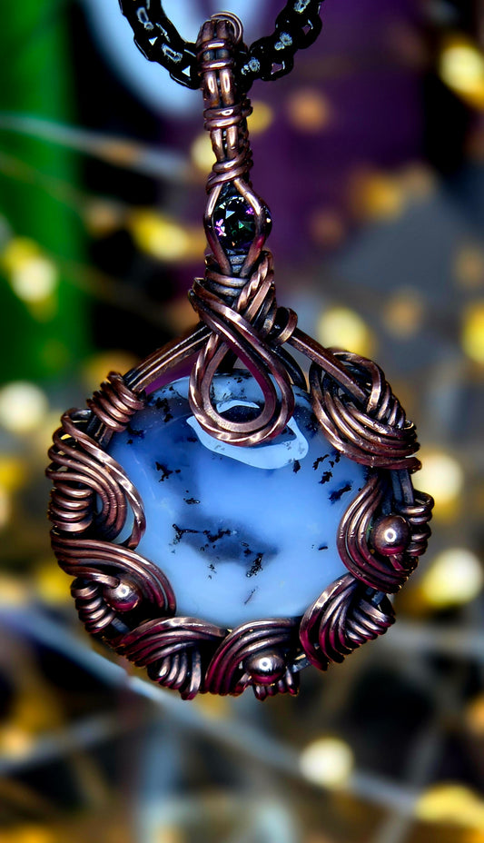 Mystic Forest Pendant – Hand-Wrapped Dendritic Opal & Rainbow Topaz
