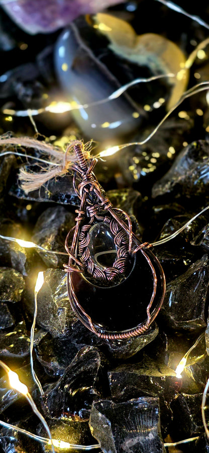Moon Plume – Green Plume Agate & Clear Quartz Copper Pendant
