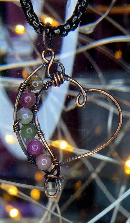Copper Heart – Hand-Woven Mixed Tourmaline Heart Pendant