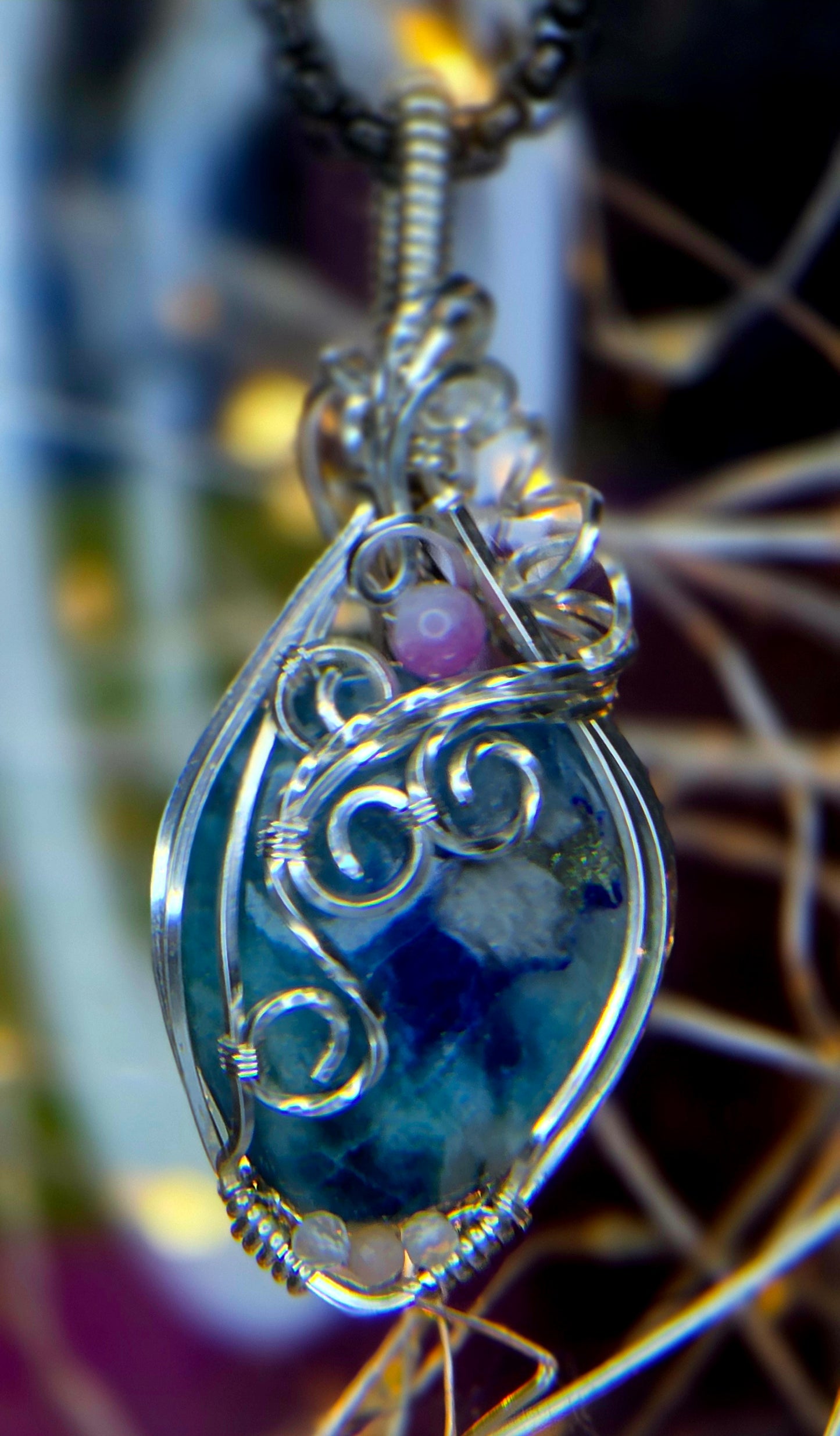 Shattuckite & Purple Tourmaline Pendant – Hand-Woven Silver Plated Copper Art