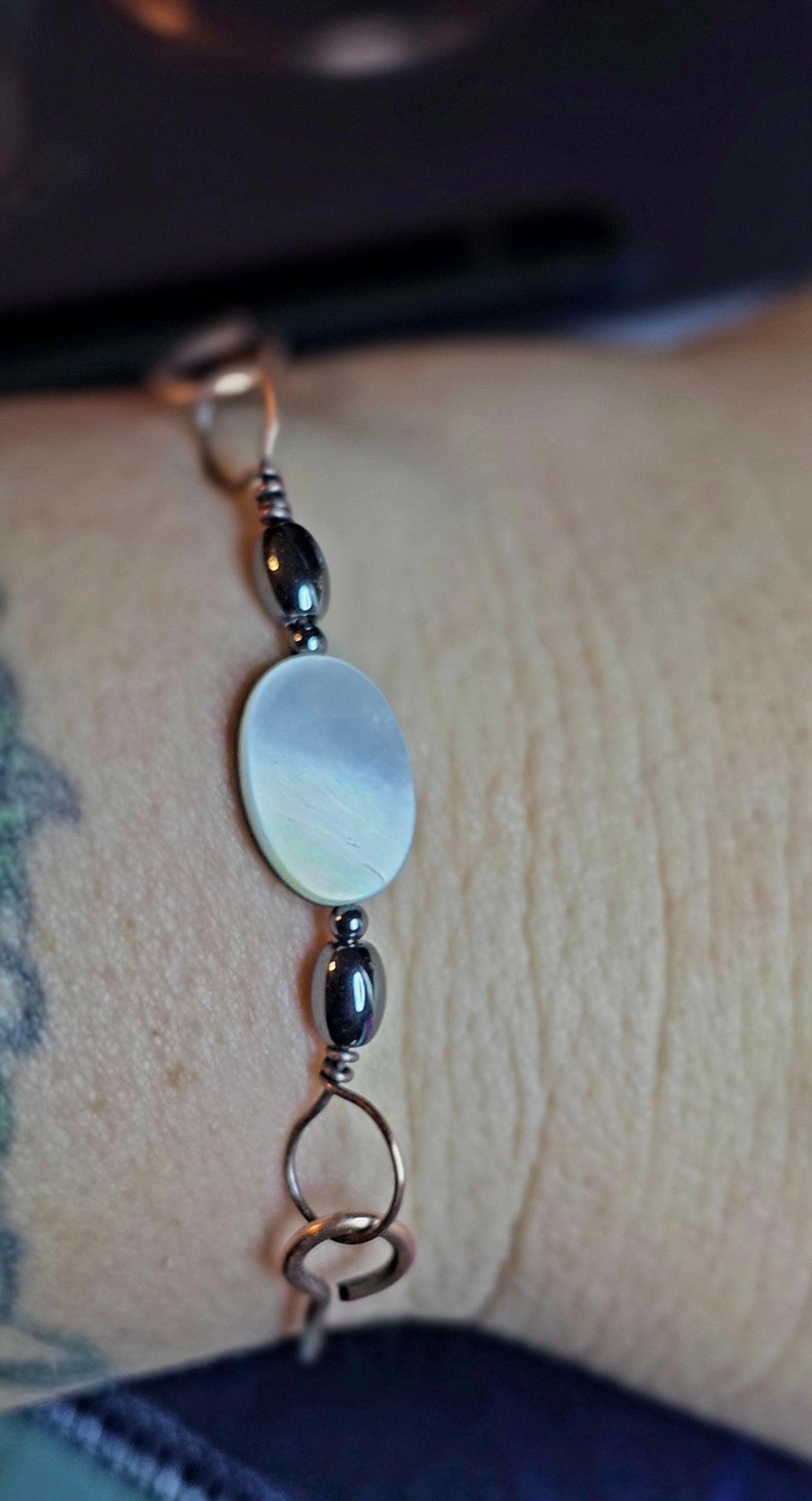 Lunar Glow Bangle – Hand-Wrapped Mother of Pearl, Hematite & Copper Bracelet