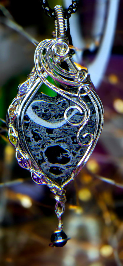 Ancient Wisdom Shield – Palm Root Fossil & Mystic Purple Agate Pendant