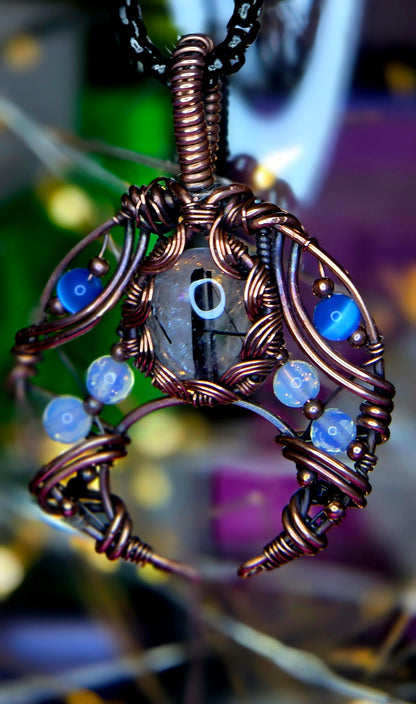 Shadow & Light Shield Pendant – Black Rutile, Spinel & Blue Cat Eye