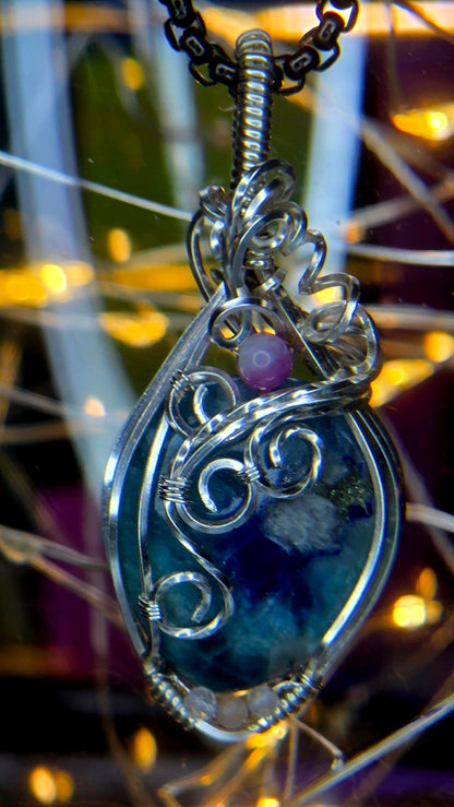 Shattuckite & Purple Tourmaline Pendant – Hand-Woven Silver Plated Copper Art