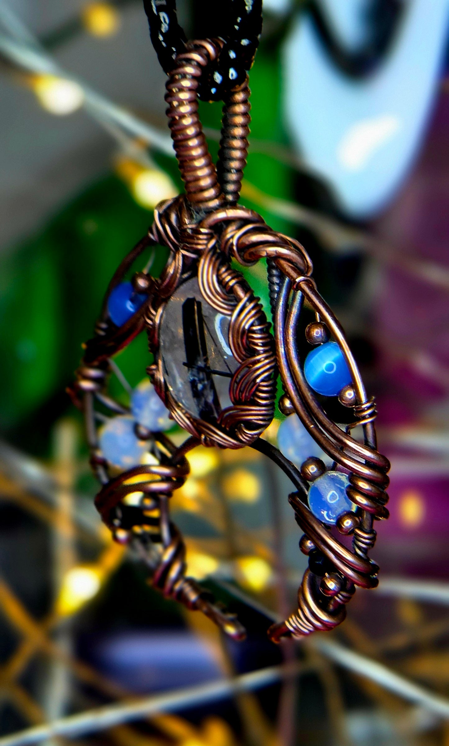 Shadow & Light Shield Pendant – Black Rutile, Spinel & Blue Cat Eye