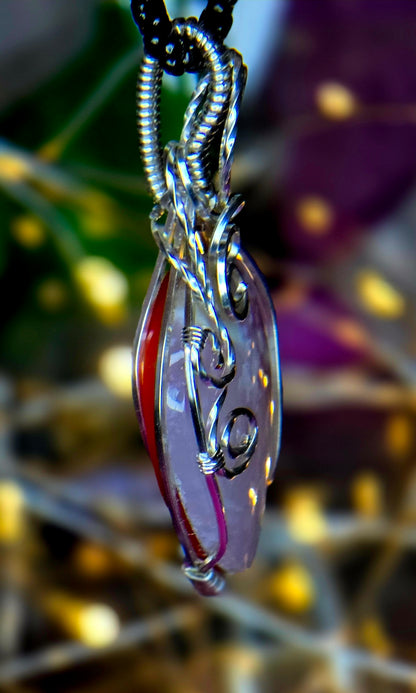 Pink Plume Agate "Sunset Garden" Pendant – Hand-Wrapped Silver Plated Copper Jewelry