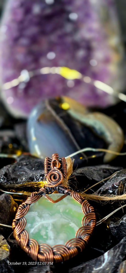 Yellow Plume Agate & Hessonite Garnet Copper Pendant