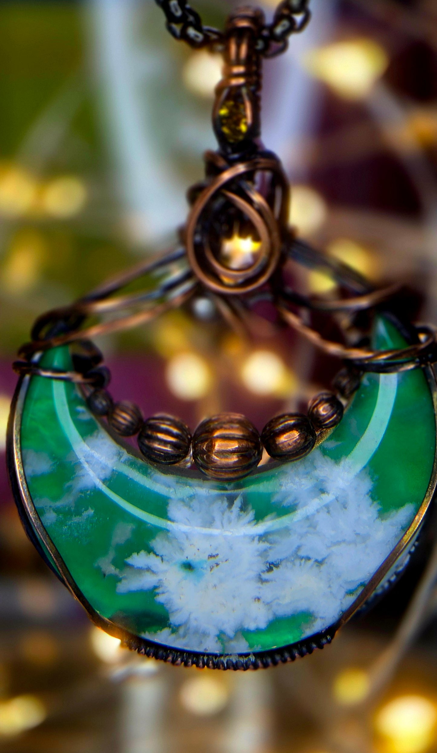 Green Moon – Green Plume Agate & Citrine Copper Pendant