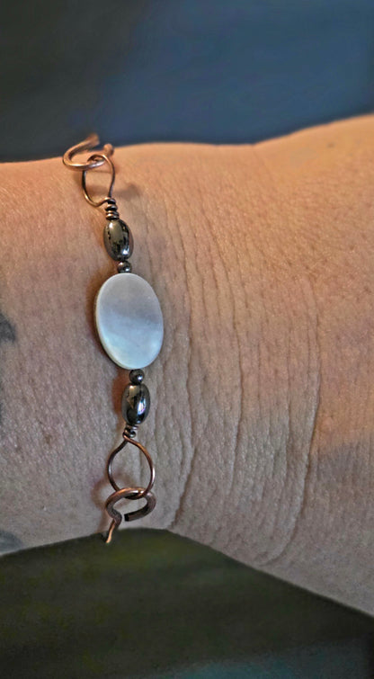 Lunar Glow Bangle – Hand-Wrapped Mother of Pearl, Hematite & Copper Bracelet