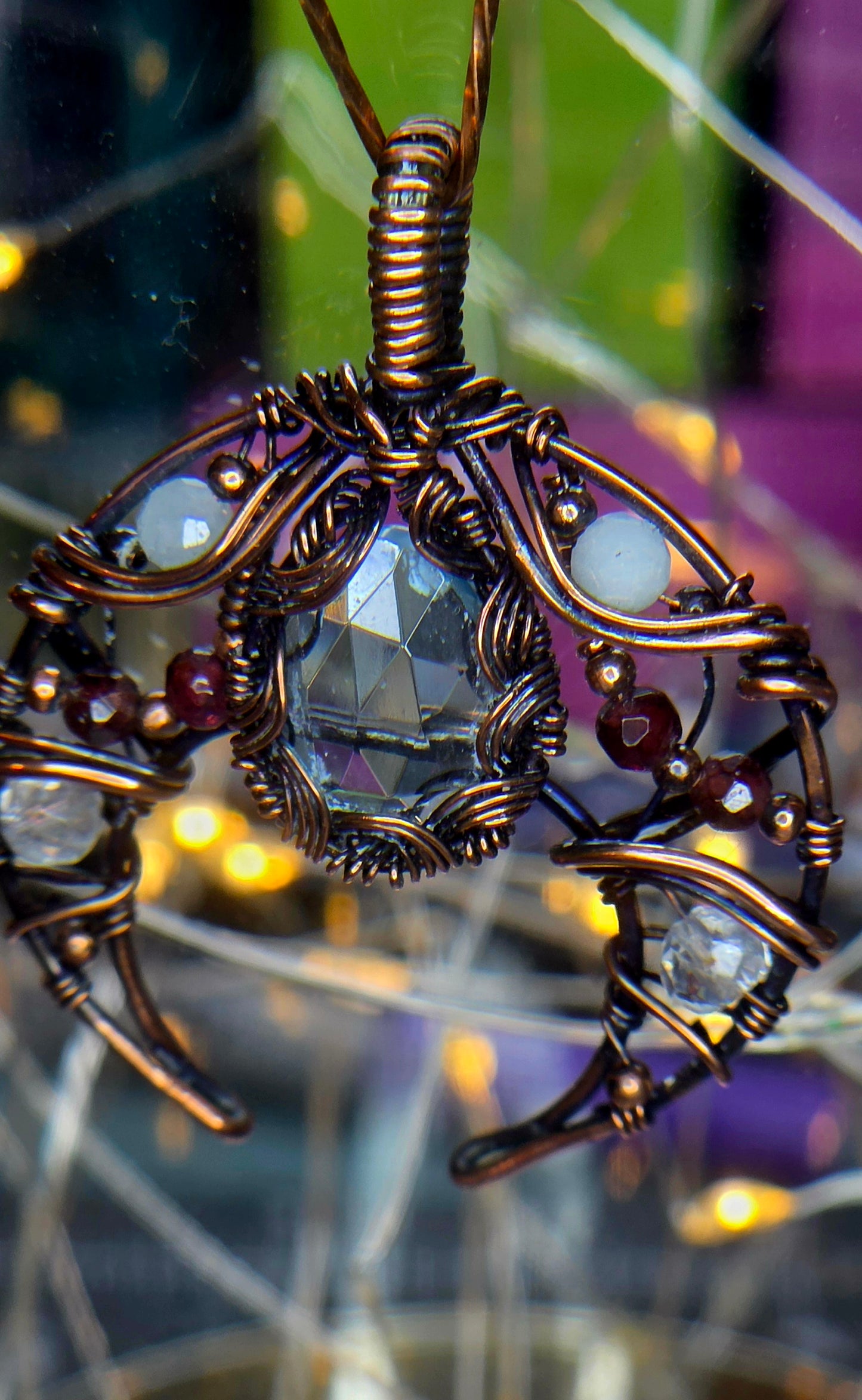 Blue Moon – Blue Topaz, Aquamarine, Garnet & Quartz Copper Pendant