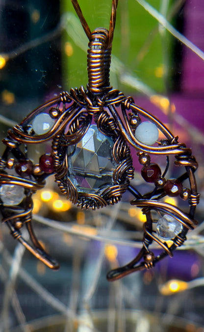 Blue Moon – Blue Topaz, Aquamarine, Garnet & Quartz Copper Pendant