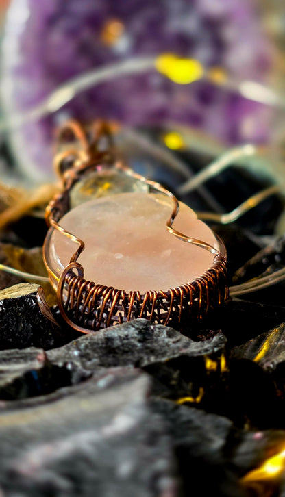 Rose Quartz & Copper Weave Pendant – Pink Artisan Jewelry