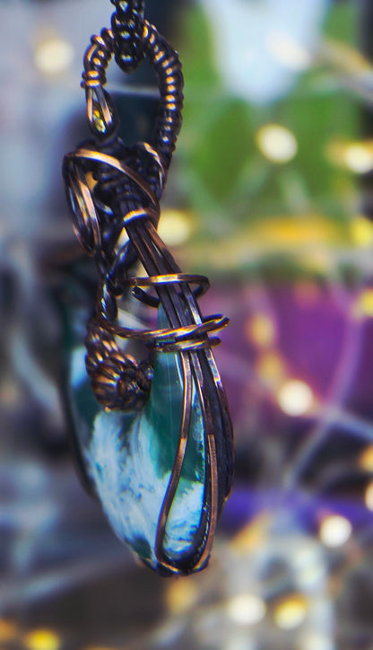 Green Moon – Green Plume Agate & Citrine Copper Pendant