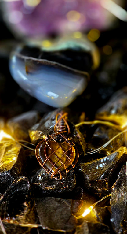 Tiger Heart – Hand-Woven Copper & Tiger's Eye Heart Pendant