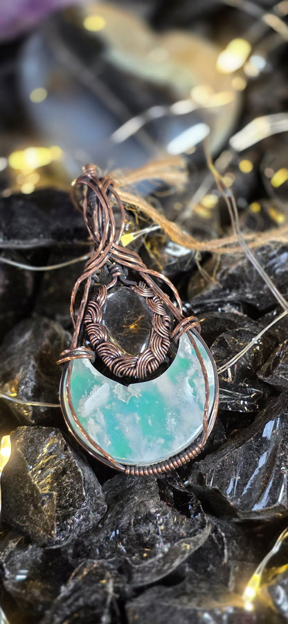 Moon Plume – Green Plume Agate & Clear Quartz Copper Pendant