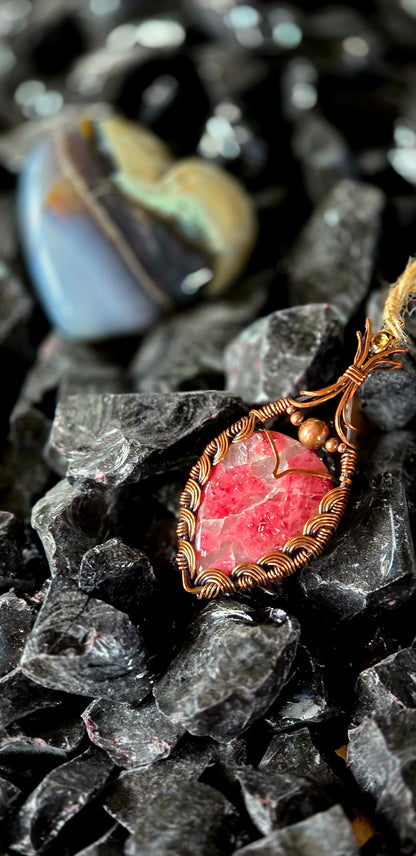 Romantic Rhodanite – Pink Rhodonite & Citrine Copper Wrapped Pendant