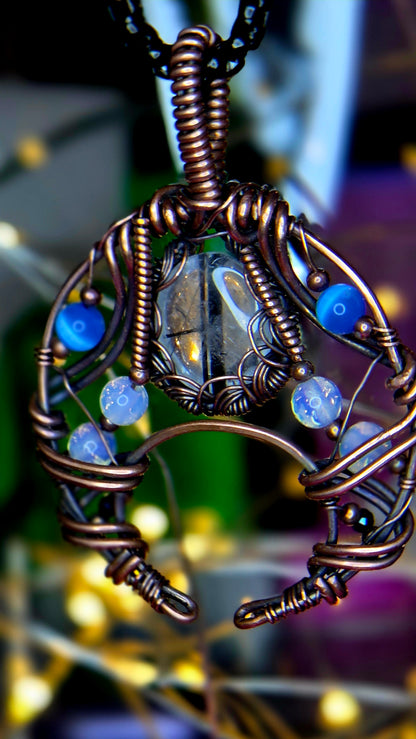 Shadow & Light Shield Pendant – Black Rutile, Spinel & Blue Cat Eye
