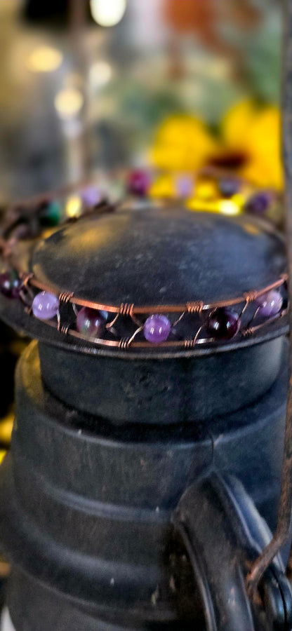 Mixed Tiger's Eye & Amethyst Woven Copper Bangle