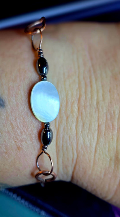 Lunar Glow Bangle – Hand-Wrapped Mother of Pearl, Hematite & Copper Bracelet