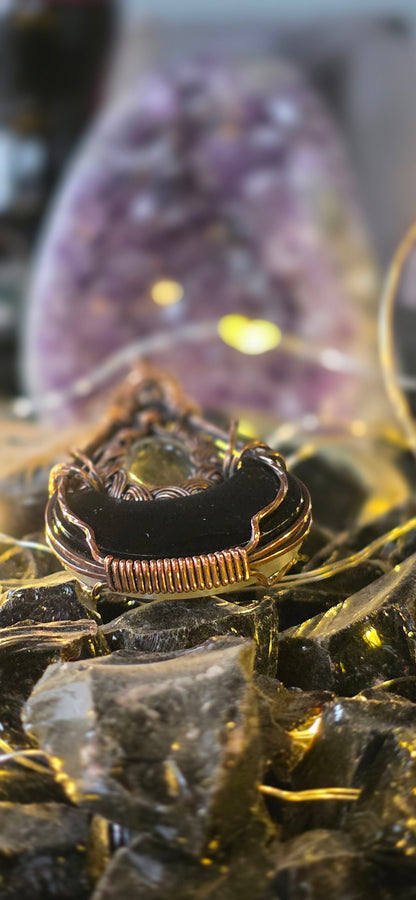 Moon Plume – Green Plume Agate & Clear Quartz Copper Pendant