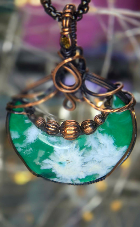 Green Moon – Green Plume Agate & Citrine Copper Pendant