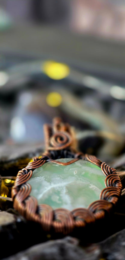 Yellow Plume Agate & Hessonite Garnet Copper Pendant