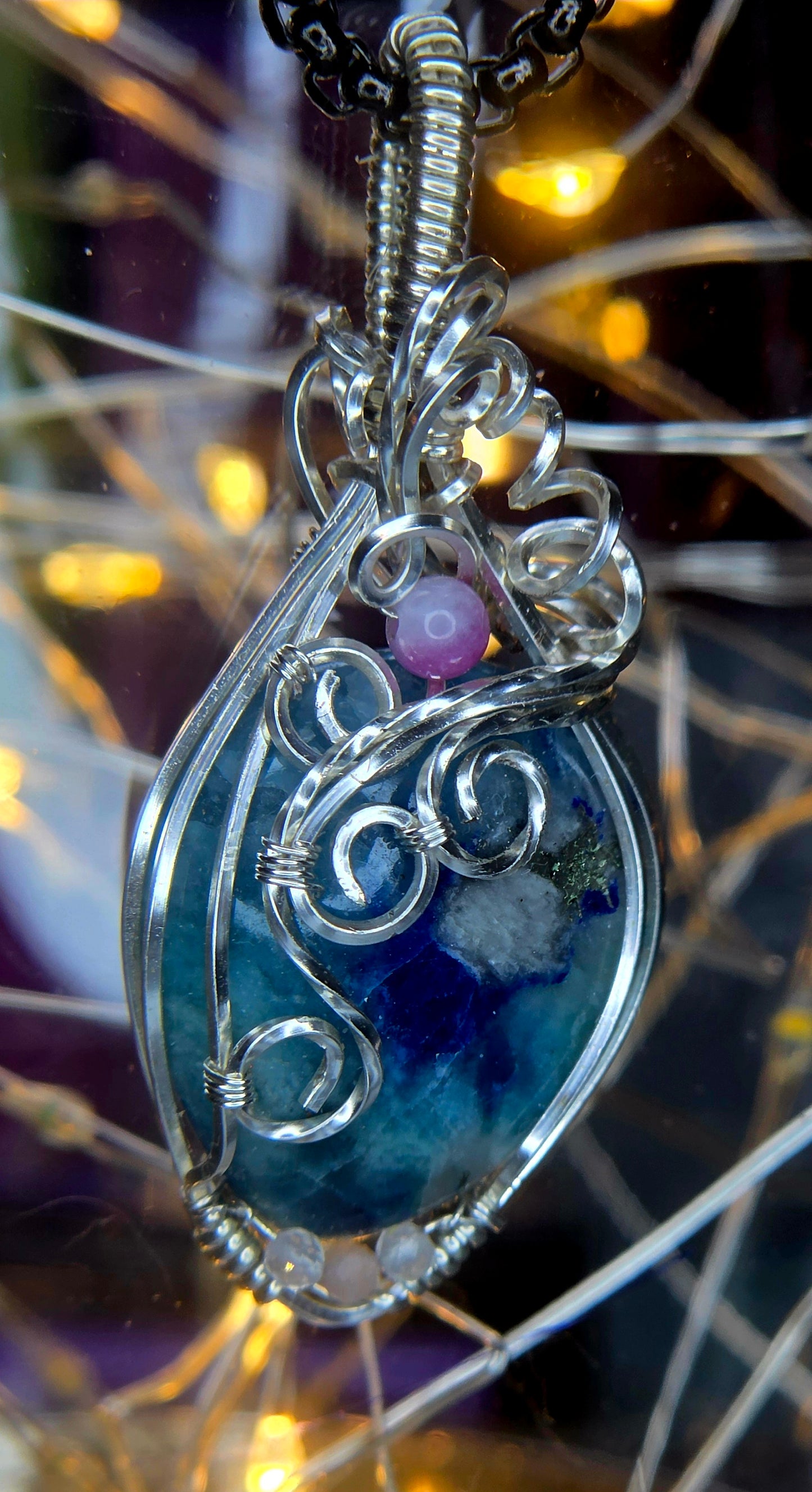Shattuckite & Purple Tourmaline Pendant – Hand-Woven Silver Plated Copper Art