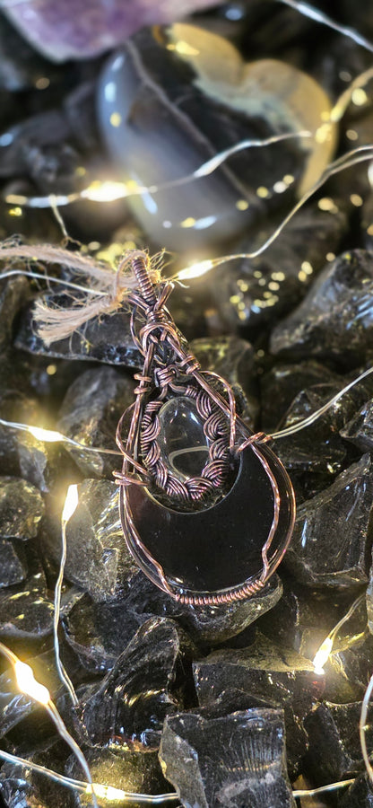 Moon Plume – Green Plume Agate & Clear Quartz Copper Pendant