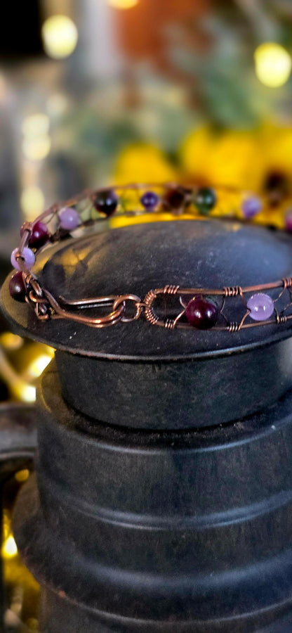 Mixed Tiger's Eye & Amethyst Woven Copper Bangle