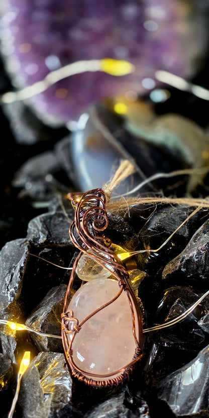 Rose Quartz & Copper Weave Pendant – Pink Artisan Jewelry