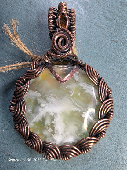 Yellow Plume Agate & Hessonite Garnet Copper Pendant