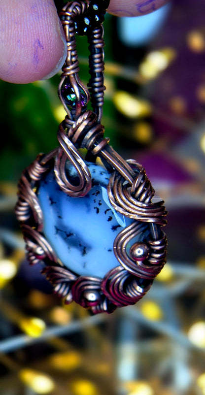 Mystic Forest Pendant – Hand-Wrapped Dendritic Opal & Rainbow Topaz