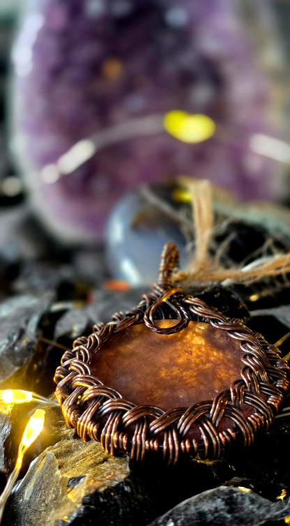 Precious Pendent – Strawberry Quartz & Peridot Copper Wrap