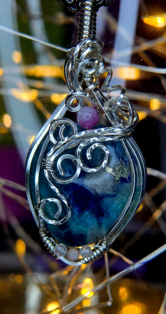 Shattuckite & Purple Tourmaline Pendant – Hand-Woven Silver Plated Copper Art