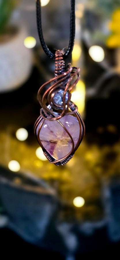 Waves Of Purple– Amethyst & Cubic Zirconia Copper Wire Pendant