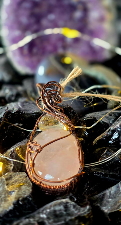 Rose Quartz & Copper Weave Pendant – Pink Artisan Jewelry