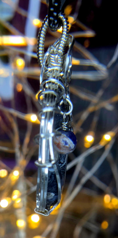 Moon And Earth – Fossilized Palm Root & Sodalite Silver Plated Copper Pendant