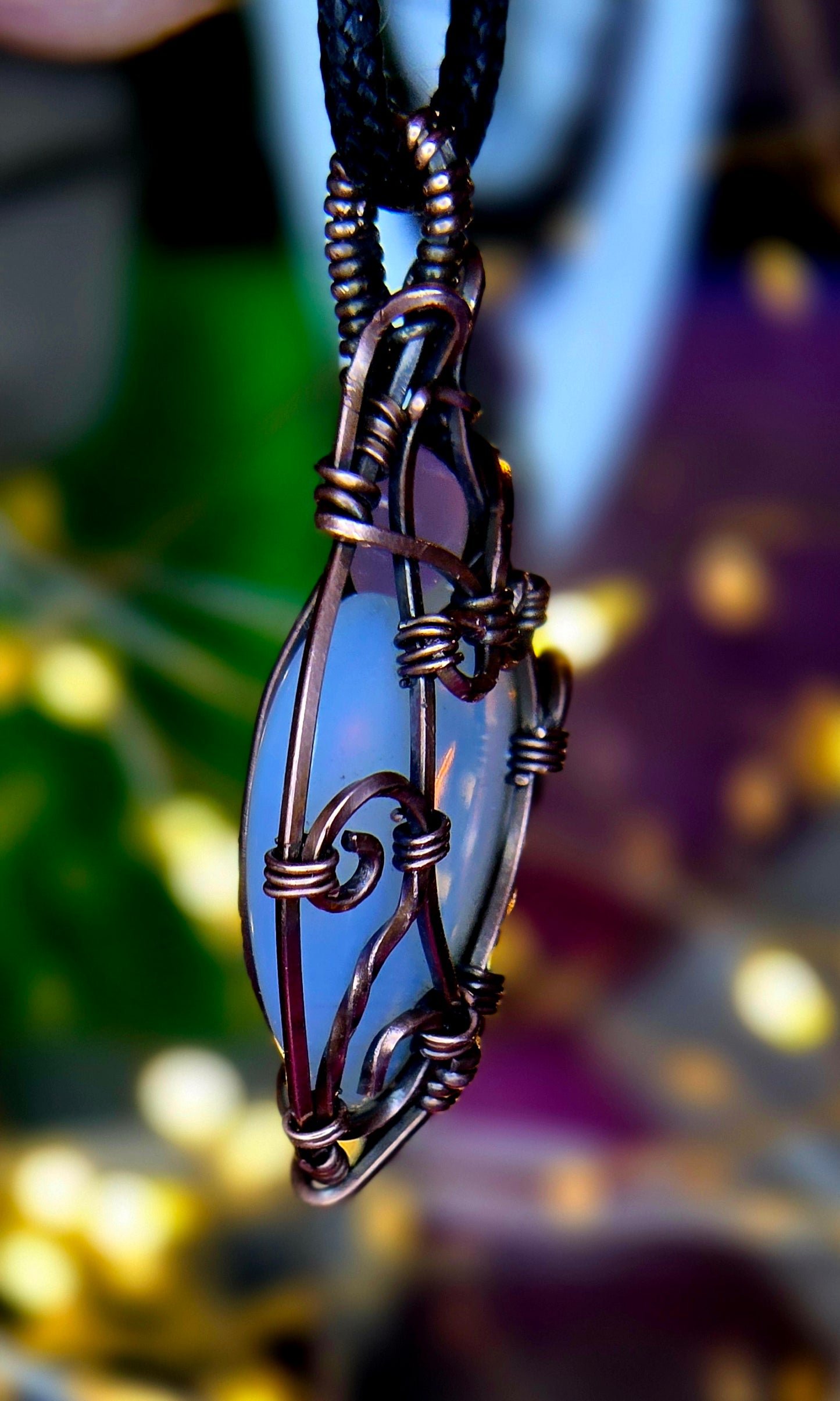Luminous Opalite Heart Pendant – Hand-Wrapped Copper Jewelry