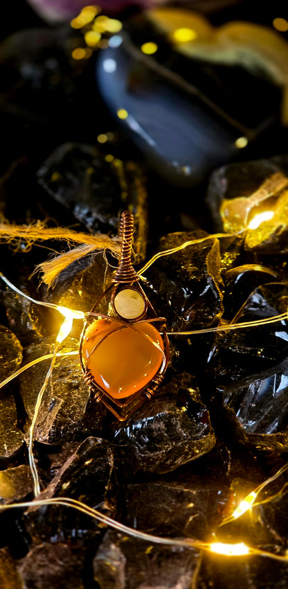 Be Still My Heart – Carnelian & Rainbow Moonstone Copper Pendant