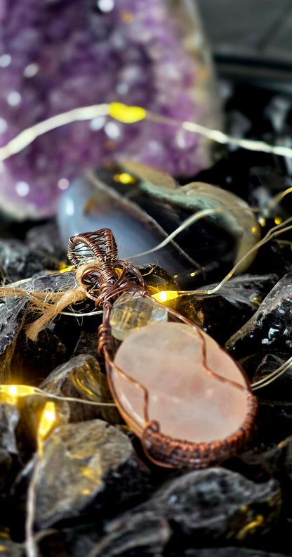 Rose Quartz & Copper Weave Pendant – Pink Artisan Jewelry