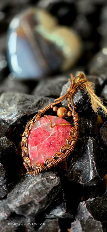 Romantic Rhodanite – Pink Rhodonite & Citrine Copper Wrapped Pendant